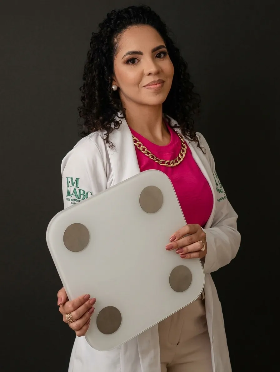 Amanda Lima de jaleco branco e blusa rosa, segurando uma balança de bioimpedância diante de um fundo escuro